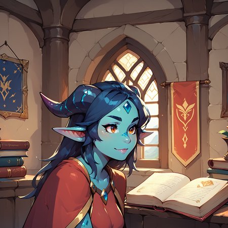score_9, score_8_up, score_7_up, dragon woman, blue skin, dragon woman, medium breasts, mage robes, adventurer, face focus, dragon wings, close up, indoors, castle interior, banner, window, magic, book, mage  <lora:blue_dragon_lady_06:0.8>