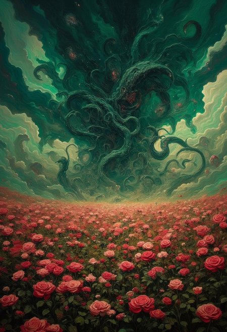 A field of roses stretching all the way to the horizon. At the end in the distance is a collosal eldritch tentacle being emerging from dark green clouds. Tentacles stretching out across the land.DB4RZ, DB4RZ style painting