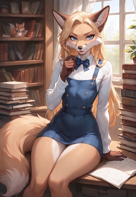 masterpiece, score_9_up, score_8_up, score_7_up, score_6_up, source_furry, (best quality:1.1), ultra-detailed, high resolution, highly detailed macro illustration, solo BREAK 1boy, girly, anthro fox, femboy, (beautiful blue eyes), Long eyelashes, Blonde long hair, black nose, red lipstick, slim, fox tail, thick thighs, (serious expression, serious face:1.1) BREAK  wearing formal clothes, sitting at desk, typing on laptop, surrounded by books and papers, cozy study room, (stuffed fox on the shelf) BREAK sharp focus, perfect lighting, anatomically correct, extremely detailed, serene, Highly Visible, sharp focus, perfect lighting, anatomically correct, extremely detailed, high detail, Expressiveh, OverallDetail, zPDXL3