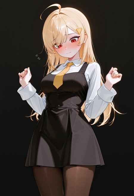 masterpiece, best quality, amazing quality, 1girl, [healthyman, mameojitan, wanke], [ciloranko], BCBG, Blonde hair, long hair, ahoge, red eyes, swept bangs, yellow triangle hair ornament, white shirt, collared shirt, long sleeves, sleeve cuffs, yellow necktie, black dress, sleeveless dress, brown pantyhose, caststation illu, black background, simple background, from front, standing, w arms, hands up, embarrassed, looking down, blush, medium breasts