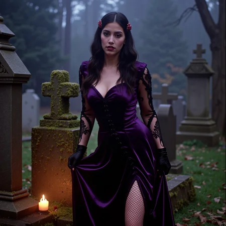 analog film photo shot on 35mm analog film, 3/4 body portrait of a gothic girl standing among moss-covered gravestones at dusk, pale glowing skin with soft natural makeup and muted plum lips, long sleek jet-black hair styled with elegant waves and vintage barrettes, wearing a deep violet velvet corset dress with lace sleeves and fishnet tights, black lace gloves, and platform boots, posing with one hand touching a gravestone and the other lightly lifting her skirt, fog drifting at her feet, golden candlelight illuminating her from below, eerie atmosphere with cinematic chiaroscuro lighting, soft focus lens, shallow depth of field, film grain and light leaks, vintage horror fashion aesthetic, ethereal and erotic, elegant not grotesque, gothic romantic beauty, haunting but beautiful
  <lora:final-girlsv2.1:0.9> fgsv3 . faded film, desaturated, 35mm photo, grainy, vignette, vintage, Kodachrome, Lomography, stained, highly detailed, found footage, RAW candid cinema, 16mm, color graded portra 400 film, remarkable color, ultra realistic, textured skin, remarkable detailed pupils, realistic dull skin noise, visible skin detail, skin fuzz, dry skin, shot with cinematic camera