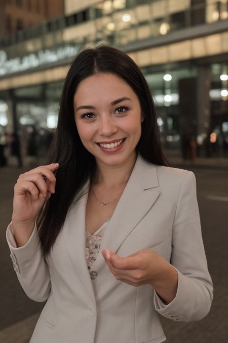 30yo American woman wearing bussiness suit holding a cigarrete
Dark black smooth long hair ponytail. smiling.
Looking at camera.
Dynamic varying pose.
Outside bussiness. Night time,  
Night time, dark.