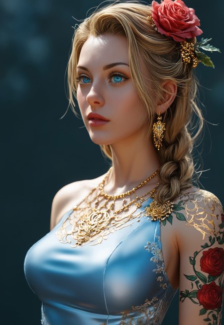 safe_pos, Caucasian, perfect body, safe_pos, Full sexy female, ornaments, flowers, golden jewelry, golden tattoos, fractal patterns, fully clothed, 8k UHD. A stunning blonde woman with blue eyes, wearing a form-fitting bodysuit with floral and fractal designs in blue, red, and gold. Intricate golden jewelry and tattoos. Background features golden roses and floral patterns, soft warm lighting, (((upper body)))
((standing, upper body shot, pose variation:1.5, alternate pose:1.5))
 (8k uhd:1,4)
 <lora:Dynamic Poses:1>
 <lora:detailed_notrigger:1>