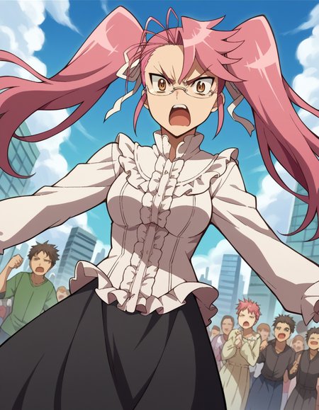 score_9, score_8_up, score_7_up, source_anime,
sayatakagi, <lora:saya-takagi-ponyxl-lora-nochekaiser:1>,
saya takagi, long hair, ribbon, twintails, brown eyes, hair ribbon, pink hair, glasses, angry, shouting,
shirt, dress, frills, long sleeves, skirt, black skirt, long skirt, centered frills,
outdoors, cityscape, zombies, crowd, people,
looking at viewer, cowboy shot, dutch angle,