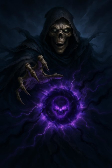 A semi-realistic, high-drama fantasy scene showing a skeletal warlock mid-cast, unleashing a shadow bolt directly at the viewer (POV perspective). The warlock’s decaying bones are wrapped in tattered, dark robes that flow with magical energy. His glowing, hollow eyes lock with the viewer’s as his outstretched bony hand channels a swirling purple vortex of shadow magic, crackling with dark tendrils.

At the center of the spell is a faintly glowing skull, suspended inside the shadow bolt. The spell emits a spectral purple glow, radiating cold energy. The background is moody and dark — no orange hues or warm tones — with cool blues, purples, and dark greys dominating the palette.

The visual style should be semi-realistic with cinematic lighting, sharp magical effects, and no oil painting texture. The spell should feel dangerous and fast-moving, with subtle motion blur toward the edges and a strong visual impact at the center. Avoid stylization, soft filters, or painterly brush strokes. Emphasize intensity, cold power, and dramatic contrast.