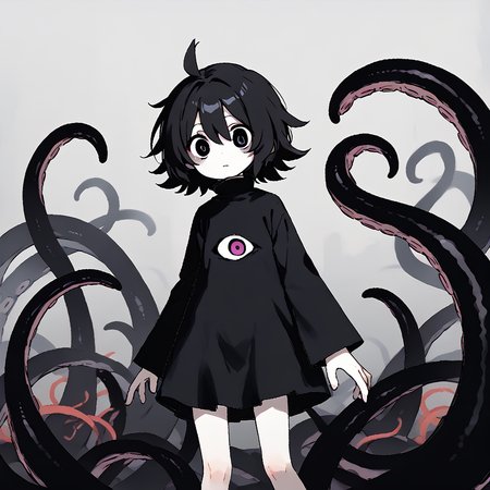 <lora:Mammon:1> 1girl, solo, black hair, ahoge, short hair, long sleeves, tentacles, black eyes, white skin, colored skin, black dress