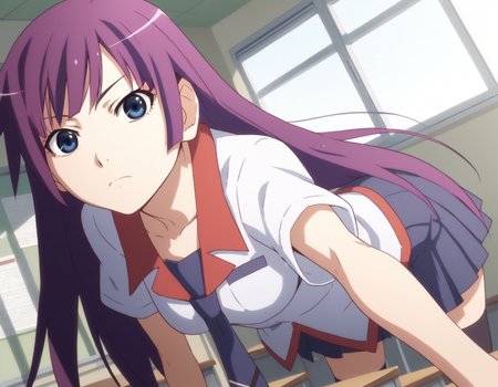 score_9, score_8_up, score_7_up, source_anime,
hitagisenjougahara, <lora:hitagi-senjougahara-anime-ponyxl-lora-nochekaiser:1>,
senjougahara hitagi, bangs, long hair, blue eyes, purple hair,
skirt, thighhighs, school uniform, necktie, black thighhighs, zettai ryouiki, naoetsu high school uniform,
indoors, classroom, bent over,
looking at viewer, cowboy shot, dutch angle,