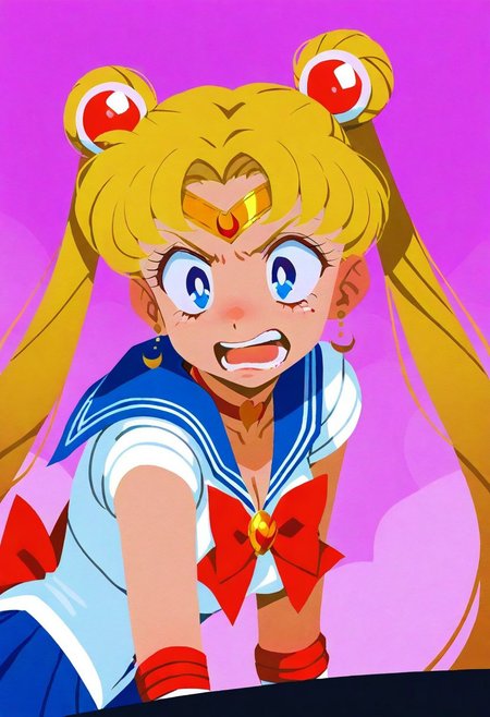 masterpiece, best quality, amazing quality, absurdres, colorful, no lineart, fisheye view.
sailor moon, blonde hair, blue eyes, open mouth, aggressive, surprised, angry. 
pink background
