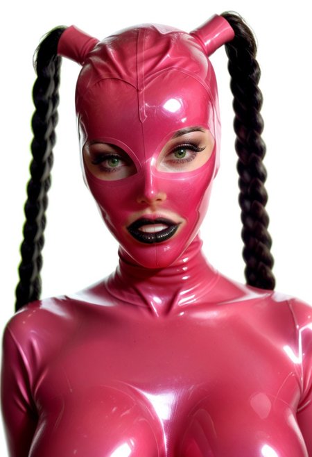 score_9, score_8_up, score_7_up, photo, photoshoot, portrait, close up, looking at viewer, 1girl, fit, mature woman, lean toned, (pink latex mask, pink latex catsuit, black lipstick:1.2), black braided pigtails, green eyes, seductive lips, (thick full lips, pouty lips, lips parted:1.0), visible teeth, glossy lips, long eyelashes, black eyeliner, black eyeshadow, soft contrast, soft shadows, large breasts,  seductive expression, white background