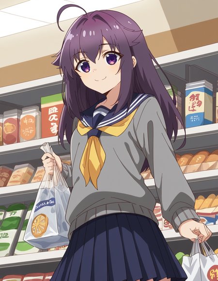 score_9, score_8_up, score_7_up, source_anime, <lora:anko-koshi-s1-ponyxl-lora-nochekaiser:1>, anko koshi, long hair, bangs, purple eyes, purple hair, ahoge, hair flaps,, skirt, long sleeves, school uniform, pleated skirt, serafuku, sailor collar, sweater, blue skirt, neckerchief, yellow neckerchief, grey sweater, grocery store, cashier, shopping bag, scanning items, small talk, everyday routine, smile, , undefined, solo,, cowboy shot, dutch angle