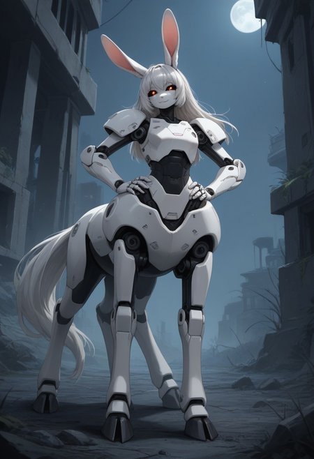 score_9,score_8_up,score_7_up,score_6_up,score_5_up,score_4_up, BREAK Lop rabbit, robot, centaur, solo, smile, industrial ruins, night, hooves, white horse tail, Robot girl, Mecha, Android, mechanical limbs, robot joints, white metal skin, black sclera, no mouth, armor, glowing eyes, furry, white hair, rabbit head, floppy rabbit ears, rabbit nose, hand on hip