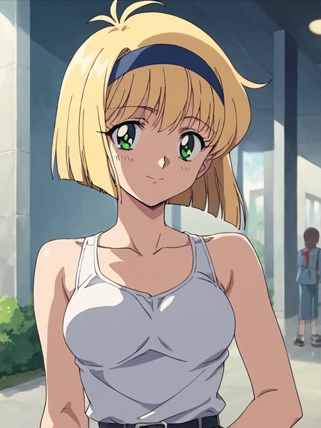 score_9, score_8_up, score_7_up, source_anime,masterpiece,best quality,highres,absurdres,official art,official style,source_anime,anime screencap,anime coloring,megami magazine,anime,animated,explicit,
shiny skin,portlait,
 <lora:jigokusensei_nube_hosokowa_miki:1> hosokowa_miki, blonde hair, short hair, green eyes,medium breasts,tanktop,