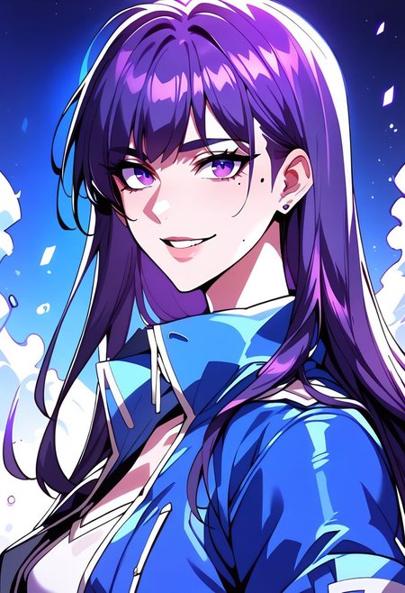 score_9,score_8_up,score_7_up,score_6_up, easynegative, Magnus_PS, 1girl, long hair, looking at viewer, purple eyes, purple hair, bangs, smile, mole under eye, blue jacket, upper body, parted lips, teeth, from side, epiCPhoto