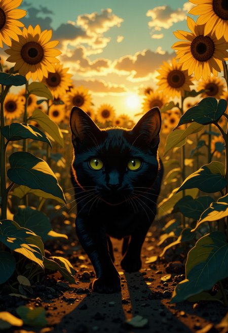 Anime art, dim light, Low key, Chiaroscuro, partially covered in shadow, dramatic shadow. A beautiful black cat with silky fur prowls through a vast field of sunflowers at sunset, its sleek form weaving gracefully between the towering stalks. The golden blooms sway gently in the evening breeze, their broad faces tilting toward the sun's waning light. The cat's midnight-black coat gleams subtly in the dim glow, absorbing the last golden rays. Its eyes, a striking shade of luminous green, reflect the fiery hues of the sky, shimmering with curiosity and wonder. Each deliberate step carries a quiet elegance, as if the feline dances between worlds—half-shadow, half-light.

The dimming sky paints the scene in rich contrasts—sharp beams of gold slice through the dense forest of stems, illuminating patches of soil and fallen petals, while shadowy alcoves cradle the mysteries of the field. Chiaroscuro emerges vividly in the interplay of light and darkness, accentuating the cat’s fluid, sinuous form as it moves with feline grace. The velvety black of its fur stands out against the muted yellow of the sunflower petals, creating a mesmerizing harmony between the softness of nature and the sharp definition of twilight shadows. The cat, both ethereal and grounded, seems to command the landscape simply by existing within it.

Color grading imbues the scene with cinematic depth, enhancing the tension between the fading warmth of the sunset and the encroaching coolness of night. The cat pauses momentarily, ears flicking toward a distant rustle as the sky bleeds from gold to deep indigo. Its whiskers catch the faint light, shimmering like silver threads in the fading glow. Amid the towering sunflowers and the last embers of daylight, the black cat becomes a living embodiment of grace and mystery—a fleeting presence in a timeless field, where the dance between light and shadow holds endless wonder.