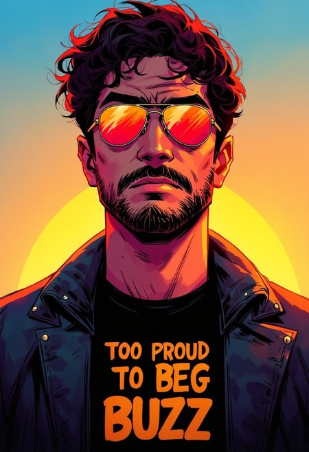 The image is a digital drawing in a vibrant, stylized comic book art style. It features a young man with curly, dark brown hair and a scruffy beard. He has a medium complexion and is wearing aviator sunglasses with reflective lenses that glow with a gradient of orange and red, reflecting the warm colors of the sunset. The man is dressed in a black leather jacket over a black shirt with a graphic print that appears to say "TOO PROUD TO BEG BUZZ" in bold, yellow letters.