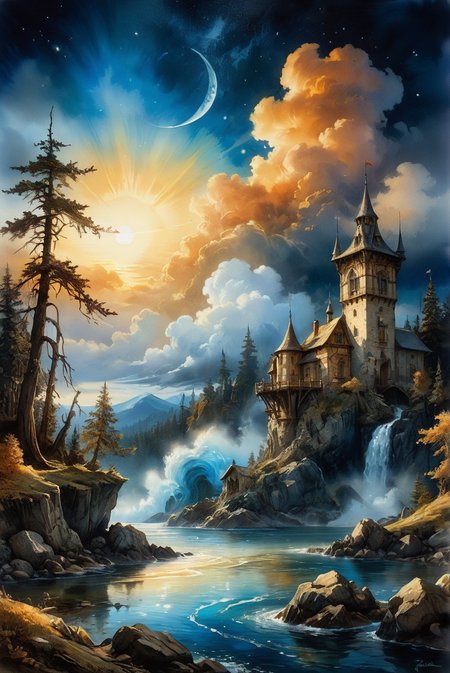 Hyperrealistic dreamscape watercolor painting in 32k resolution, capturing the essence of a masterpiece with hyper-detailed and ultra-realistic elements. This artwork embodies perfect composition and chiaroscuro, reminiscent of Rembrandt's style. It blends fantasy imagery with the concept art brilliance of Jarek Kubicki, Raphael Lacoste, John Pitre, Karine Eibatova, Ralph Blakelock, Julie Bell, Jim Warren, and Aleksey Savrasov. The painting is vibrant and beautiful, showcasing painterly techniques with detailed and textural artistic quality. It exudes a surreal, ethereal, and dreamy atmosphere, mysterious and fantastical, with extremely high-resolution details and photographic realism pushed to the extreme, achieving an incredibly lifelike and fine texture.
hyperrealistic dreamscape watercolor painting, 32k resolution, masterpiece, hyper-detailed, ultra-realistic, perfect composition, chiaroscuro, fantasy imagery, concept art, vibrant, beautiful, painterly, detailed, textural, artistic, surreal, ethereal, dreamy, mysterious, fantasy, highly detailed, extremely high-resolution details, photographic realism, fine texture, incredibly lifelike.
<lora:add-detail-xl:1.0>,
<lora:quality1:1.0>,
<lora:extremely_detailed:1.0>, extremely detailed,
<lora:EldritchMixIllustration_1.1:0.6>,
<lora:watercolor:0.5> watercolor,
<lora:EnvyInkSwirlXL01:0.25> swirling ink,