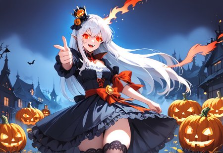 (masterpiece), (score_9, score_8_up, score_7_up,source_anime), 4K8K, 
(from front), misty, steam, fog, Floating Halloween pumpkins, 
halloween, halloween fantasy, 
Japanese cute woman, (solo), (white sikin:1.3),  vampirequeen, (finger gun, pointing at viewer:1.4), burning pumpkin, (dark aura:1.4), (smirk, half-opened mouth, Canine, tooth, fang1.2), 
(medium figure:0.9), (pointy breasts:1.1), 
(white hair, verry long hair), (red glowing eyes, slanted eyes:1.2), 
(wearing vampire cos, dress, makeup, red and black dress, zettai ryouiki, thighhighs:1.2), 
(BloforMB, red theme, scenery at dark night:1.3), elf ears,
