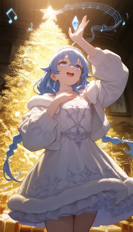 (masterpiece, best quality), best score, best anatomy, ultra deitailed, amazing quality, very aesthetic, absurdres, highres, newest, HDR, 8K, high detail RAW color art, high contrast, bright face, large pupil, eyelashes, brilliant skin, shiny skin,
1girl, roxy migurdia \(mushoku tensei\), blue eyes, blue hair, ahoge, earring, tiara, mature female, gorgeous, luxurious, winter dress, indoors, cowboy shot, looking at viewer, look up, smile, round teeth, Merry Christmas!, musical note, music effect, bloom, singing, dim lighting, Christmas tree, snow crystal, <lora:薄塗り:0.4>, <lora:ponyv5_noobV065S_1:0.55>, <lora:spo_sdxl_10ep_4k:0.6>, <lora:GBF_Illustrious:0.4>, <lora:MeMaXL4:0.8>