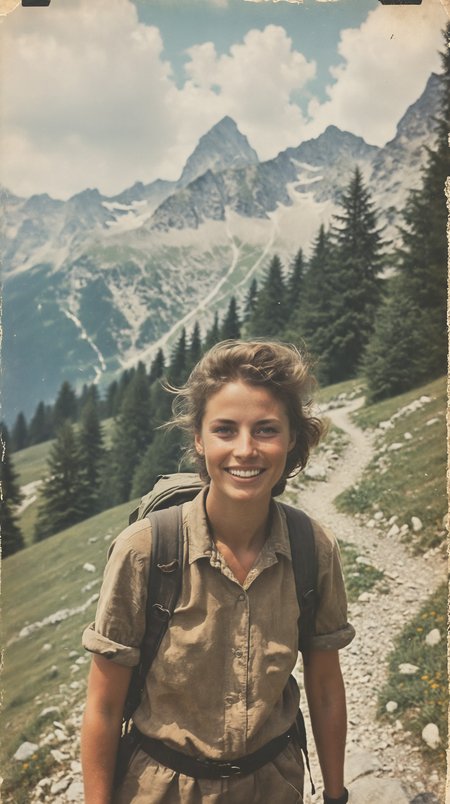 35mm Vintage photo of, one happy professional hiker in austrian alps in summer, <lora:Vintage_Street_Photo:0.85>