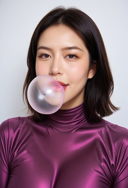 white skin, photo of an 22-year-old Korean idol,masterpiece, best quality,smiling, realistic,score_9, score_8_up, score_7_up, full body shot, semi realistic,forehead, shot,black hair,mature asian,milf, 
1girl, female, huge breasts, thick thighs, wide hips, horny, lips, korean_race_queenv2,gini_S2,Realisian-Neg, (yellow and black checkerboard skirt),(stiped yellow and red suit), (dark-purple latex shirt),pantyhose, parted bangs,manhwa milf, queen bee ami, lips (blowing clear large bubblegum)