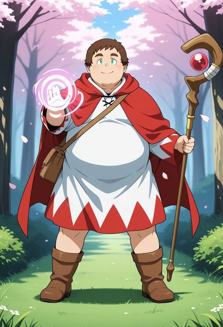 male, male focus, human, 
BREAK chubby, masculine, large pectorals, moobs, broad shoulders, showing off chubby body, cherubic, bara, 
BREAK fat, plump, brown_short_hair, fat face, round face, smiling and showing off chubby body,
BREAK green eyes, 
BREAK v-neck white mage robe with hood down,  
BREAK brown boots, brown shoulder bag, holding a staff, 
BREAK golden magic, magic swirling around feet, wind_lift, 
BREAK standing, dynamic pose, casting magic stance, Expressive, cherry blossoms falling around character, forest background, standing on grass, 
BREAK cinematic shot, masterpiece hi res, best quality, very detailed, highly detailed texture, score_9, score_8_up, score_7_up, score_6_up, anime coloring, detailed anime shading, eyeshd, anime eyes, anime hair,