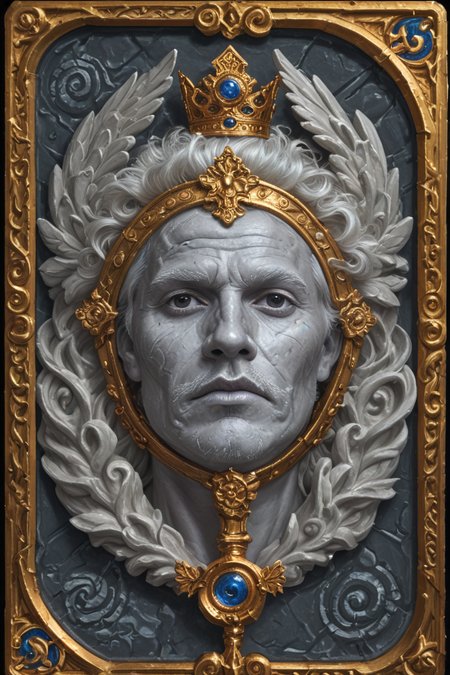 score_9,score_8_up,score_7_up,
hyper-detailed, masterpiece, best quality,realistic details,
Card, Tarot, graphic border, Illustrative,obsidian stone, skeuomorphic, detailed,  upper body,Yellow crown, Scepter,
(An Marble statue of old man:1.2), White hair, Wrinkled face,head down,Short hair,Black eyes,
, (Open mouth:0.2), Confused,  Gorgeous and expensive clothes,Thin hair, green atmosphere, 
<lora:sdxl_lightning_8step_lora:1>
<lora:DM_CB:1> 
glowneon<lora:glowneon_xl_v1:1>  <lora:GustaveDore_StyleXLv6.1:1>