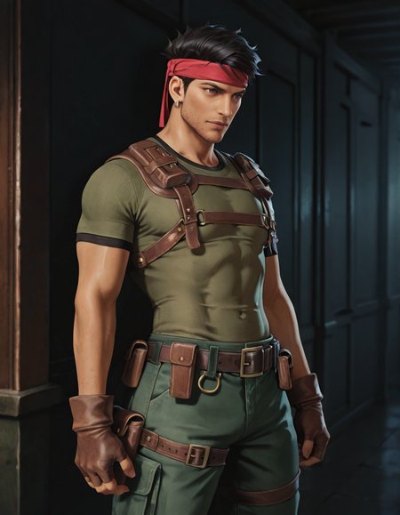 masterpiece, best quality, newest, perfect quality, best quality, detailed background, intricate details, male focus, realistic, solo, <lora:FF7 - Biggs - Illustrious-000007:0.7>, 7biggs, dark skin, 1boy, black hair, short hair, brown eyes, stubble, red headband, single earring, green shirt, harness, holster, belt, brown gloves, fingerless gloves, green capri pants, boot