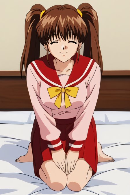 score_9, score_8_up, score_7_up, source_anime, rating_safe, intricate details, anime screencap, official style, 1girl, solo, retro, <lora:Serizawa_Miki:1>, serizawamiki, bangs, closed eyes, brown hair, twintails, long hair, pink shirt, medium breasts, school uniform, long sleeves, red sailor collar, yellow ribbon, red skirt, barefeet, looking at viewer, full body, indoor, in bed, kneeling, hands on knees, smile