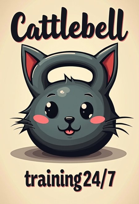 A gym flyer with a kettlebell in the shape of a cute cat head. Text below reads "Cattlebell training 24/7"