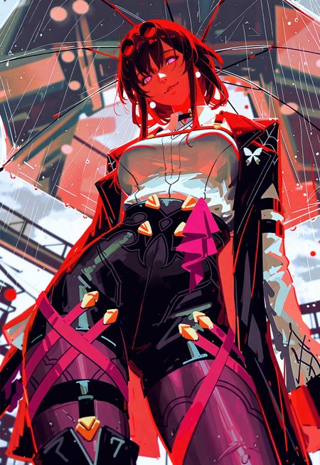 (guweiz, konya karasue, dino \(dinoartforame\):1.2), film grain, cinematic, limited palette, realistic, sketch, red theme,
masterpiece, best quality, amazing quality, very aesthetic,
(dynamic angle), dutch angle, from below, long shot,
1girl, (solo:1.2), kafka \(honkai: star rail\), holding transparent umbrella, looking at viewer, smug, head tilt, tall, narrow waist, contrapposto,
grey sky, storm, rain, water drop,
indoors, blurry background, backlighting, depth of field, perspective,
nhl-001