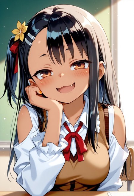 masterpiece, cute, lovely, (best quality:1.3), (amazing quality:1.3) ,very aesthetic, 1girl, solo, blush, (medium breasts:1.2), face satisfied, high gradient eyes, Nagatoro_Hayase_Style, black_hair, brown_eyes, bangs, long_hair, hairclip, hair_ornament, straight_hair, very cute, light particles, cute details, cute colors, naughty face, smug, BREAK, blush, brown vest, clothing cutout, flower, frilled sleeves, frills, hair ornament, hair ribbon, hand on own cheek, hand on own face, head rest, looking at viewer, neck ribbon, one side up, open mouth, red ribbon, ribbon, shirt, shoulder cutout, sunlight, upper body, vest, white shirt, yellow flower, bow, hair flower, jacket, smile, collared shirt, long sleeves, red bow, white jacket,:d, orange nails, frilled collar, eighth rest, hand on own chin