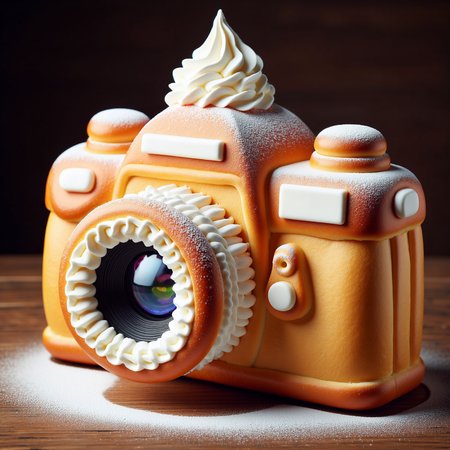 SemlaStyle vintage film camera made entirely out of semla which made out of wheat material with whipped cream and with powdered sugar on top. Food craft.<lora:SemlaStyleFluxv3-000010:1>