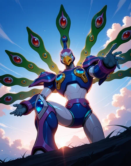 <lora:Cyber_Peacock_(Mega_Man_X)_(Illustrious)_(AD):1> Cyber Peacock, reploid, MMX, 
exterior, blue sky with clouds,
male focus, intense shadows, dynamic shadows, intricate details, attention to details, gradient coloring, bright vivid colors, robot, beak, sexy smile, half closed eyes, effeminate walk, narcissist, mid shot, 
BREAK very awa, masterpiece, best quality, amazing quality, very aesthetic, highres, absurdres, 
EZRealPONYXL, zPDXL, Smooth Quality, lazynsfw,