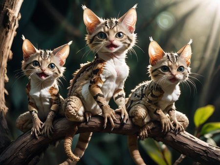 high-resolution photo of a family of lizard-cat-beasts sitting on a branch, long_tongues, big_eyes,highly detailed fluffy fur and scaly_skin, cat-ears,frills, lizard-cat-tails, analog film,  film photography, soft lighting, heavy shadow, 16k HDRI, sharp focus, lots of detail, cinematic dynamic lighting