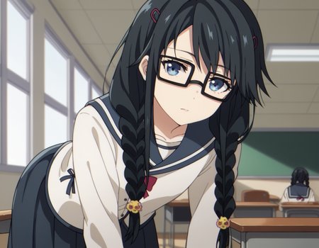 score_9, score_8_up, score_7_up, source_anime,
sumirekosanshokuin, <lora:sumireko-sanshokuin-s1-ponyxl-lora-nochekaiser:1>
sumireko sanshokuin, long hair, black hair, blue eyes,
hair ornament, braid, glasses, twin braids, black-framed eyewear, skirt, hair ornament, school uniform, serafuku, black skirt, long skirt,
indoors, classroom, bent over,
looking at viewer, cowboy shot, dutch angle, solo,