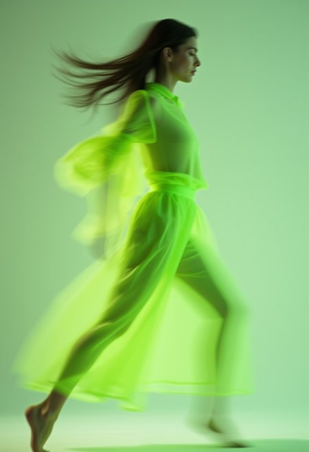 Fashion editorial shot featuring a model in motion, with blurred movement creating a ghostly and ethereal effect. The model is wearing loose, flowy neon green clothes that stand out brightly against the soft, neutral background. The neon green outfit gives a futuristic, edgy contrast to the blurred, dreamlike motion of the image. The lighting is gentle, enhancing the movement and surreal quality of the photograph, creating a modern, high-fashion feel with a focus on bold color and dynamic energy.