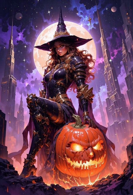 FredFraiStyle, aidmaMJ6.1, drkfnts style
A vibrant and detailed anime-style illustration of a  cyberpunk witch posing as she sits atop a large mechanical glowing pumpkin. The witch is confident and has a playful smile, teasing expression, and alluring pose as she looks directly at viewer with a flirtatious gaze. Digital illustration featuring a science fiction fantasy-themed scene. The layout is vertical, showcasing a young woman with long, wavy brown hair and fair skin, dressed in a form-fitting, shiny black cybernetic outfit with a matching wide-brimmed witch hat. She is seated on a large carved mechanical pumpkin with a glowing, menacing face. The background blends mystical night sky with a large, luminous space station and silhouetted futuristic-style buildings. drkfnts style, FredFraiStyle, Knight, Armor, Warrior, mythp0rt