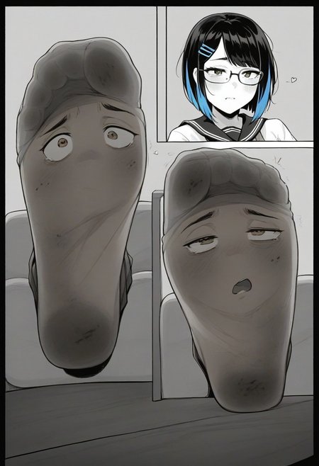score_9, score_8_up, score_7_up, 
comic panels,2panels ,
[panel1 ： detailed , 1girl, (black hair:1.1), highlights in hair, blue highlights, bob cut hair style, messy hair, hair clip, hazel eyes, square frame glasses, black frame glasses, school uniform, short skirt, blue and white socks,  school，classroom,sitting on a chair,] ,
[ panel2 ：Stretch out your socked feet, the soles of your socked feet, the focus of your soles,Looking from below, looking down,]manga page,manga layout, panels, manga panels, page layoutcomic panels, manga page, speedlines, cover,  hearts, living socks, socks have detailed faces on soles, dirty socks, smelly socks,