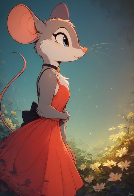 score_9, score_8_up, score_8, solo, (fluffy:0.8), (feral), furry, (((mouse))), female, claws, (fluffy cheeks:0.7), (dress), (solo:2), j_cartoon, cute, (side view:2)