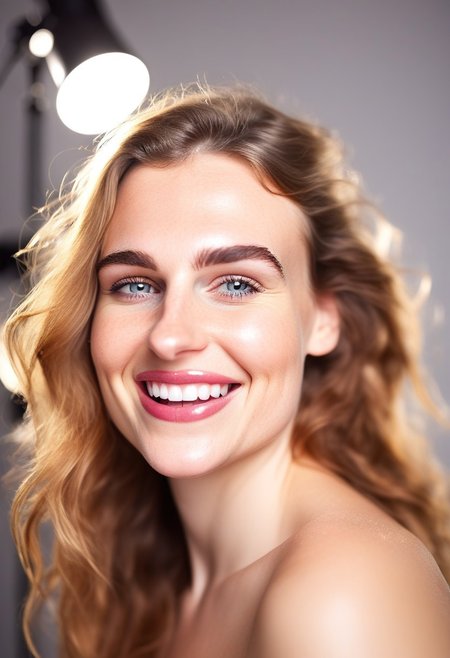 30yo american woman in a photostudio
Modeling High cut, high Quality Dress.
Slight makeup, heavy rimmel. Clear skin.  realistic skin style
Long messy stylish hair. 
Shooting light, indors, cable light
Studio background.
Winking, lip bite. Smiling. \(biting on own lips\)
Bokeh. Heavy Bokeh light.
