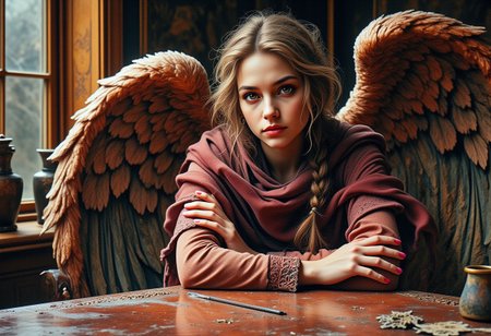 stunning hyper realistic 8k, Watercolour painting, Old beautiful, intricate, a copper coloured angel on an old table, deep colours, detailed matte painting, fantastic, complementary colours, fantasy concept art, 8K resolution, Trending_on_Artstation, 2D cell shading, colourful, polychromatic , beautiful eyes, she looks into the camera, realistic oil painting, intricate extremely detailed hyperdetailed Diego Gisbert Llorens fantasy