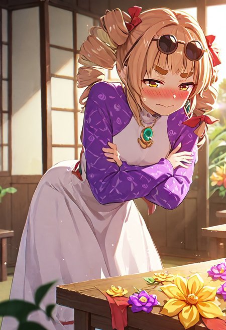 1girl, solo, yorigami jo'on, (drill hair:1.2), (eyewear on head:1.3), (jewelry:1.3), (white dress:1.4), (purple jacket:1.5), (facing camera:0.8), (slightly open mouth:0.1), natural pose, (light entering from left:1.5), (Japanese-style temple:1.5), (sliding doors:1.4), (vibrant flower garden:1.2), (blurred temples in background:0.8), (character's left shoulder closer:1.3), (thick paint style:1.4), (facing down shyly:1.1), (blushing:0.7), (jewelry:1.3), (white dress:1.4), (purple jacket:1.1), (facing camera:1.5), (shy smile:0.2), (nervous smile:0.7), (head tilted clockwise:1.3), (shoulders slightly hunched:1.2), (sliding doors:1.4), (vibrant flower garden:1.2), (blurred temples in background:0.8), (arms resting on table:1.5), (hands resting firmly on table:1.2), (arms on table:1.6), (no hand movement:1.3), (crossed arms on table:1.6), (thick paint style:1.4), (head slightly tilted:1.3), (furrowed brows:1.7), (mouth slightly open with smile:0.4), (embarrassed:1.5)(looking at the camera:1.6), (playful yet uncomfortable expression:1.2), (slight shoulder shrug:1.3), body leaning slightly forward, soft sunlight shining in from the left, temple room with sliding doors half-open,  colorful flowers outside, other distant Japanese buildings blurred, (morning light:0.8), (bright:0.6), warm lighting, anime style highly detailed shadows, warm atmosphere, anime art style, sunlight on face, soft glow. <lora:char-joon:1>