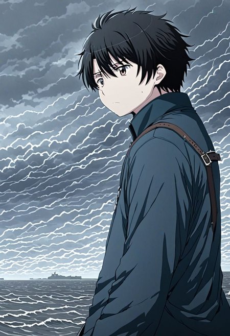 high resolution, solo, best quality, 1Boy, Inaho Kaizuka, Black Hair, gloomy, Sky, strong wind, OverallDetail