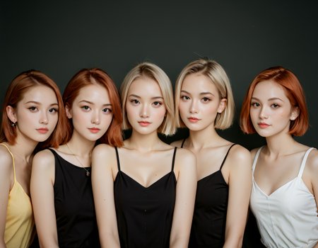 embedding:, score_9, score_8_up, score_7_up, (cute skinny blonde and brunette and redhead girls:1.3), (5girls), (facing camera:0.7), erotic, different faces, small waists, pixie cuts, realistic and detailed 1960s color documentary photography, dramatic film still