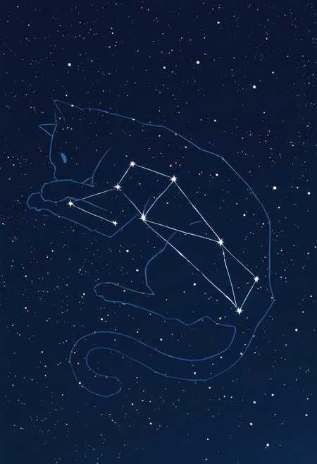 masterpiece, best quality, newest, absurdres, highres, anime, anime style, LSCV1.0, constellation, star (sky), starry sky, night sky, night, starry sky, no humans, animal, animal focus, cat, silhouette, monochrome,