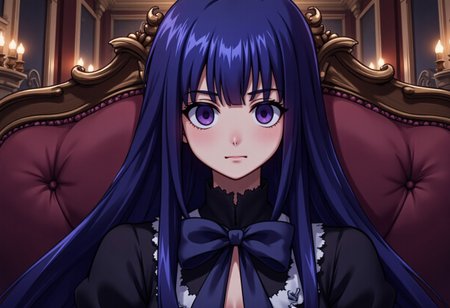 This image is a digital drawing in an anime style, featuring an elagant young woman with deep long blue hair reaching her waist, mysterious purple eyes. The lady wears what appears to be victorian style of dress. She's sitting in a relaxed position in a baroque style room indicating her higher status. bernkastel, long hair, blue hair, purple eyes, Flat colour anime style image showing