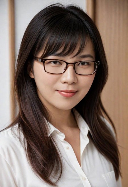 masterpiece, best quality,   RAW photo, (photorealistic:1.37, realistic), highly detailed CG unified 8K wallpapers, 8k uhd, dslr, soft lighting, high quality, film grain, Fujifilm XT3, hehehe, a 40 year old Japanese woman wears glasses, has  small breasts, a big waist, big thighs, wide hips, look at viewer, realistisc skin texture, detailed face and eyes, close up, shirt dress, peach