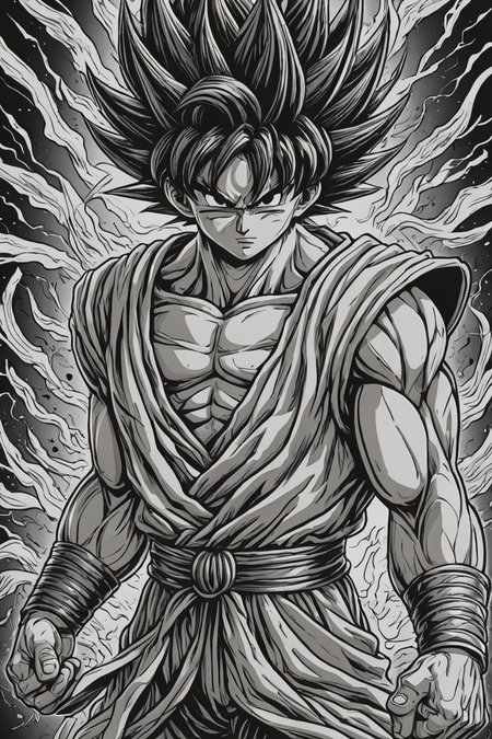 manga style son Goku,Berserk style,intricate details,monochrome . vibrant, high-energy, detailed, iconic, Japanese comic style