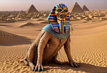 Horror Films rotten horse in (eddie:1.5) style, looking like a mummy, in egypt, pyramids,  hyper detailed, highly intricate,,,, Horror Films, often for scares, monsters, or psychological terror.
