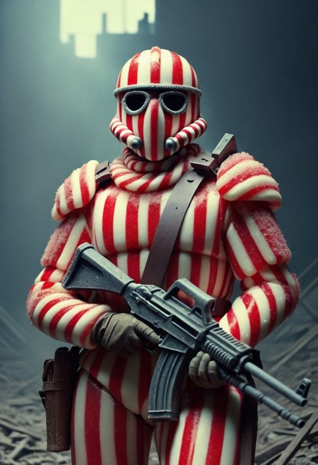 amateur photography, photorealism, best quality, candy_style, heavy armored soldier made of candy cane, stripes, helmet, gas mask, armor, knight, gun, ak-47, ruins, novuschroma style